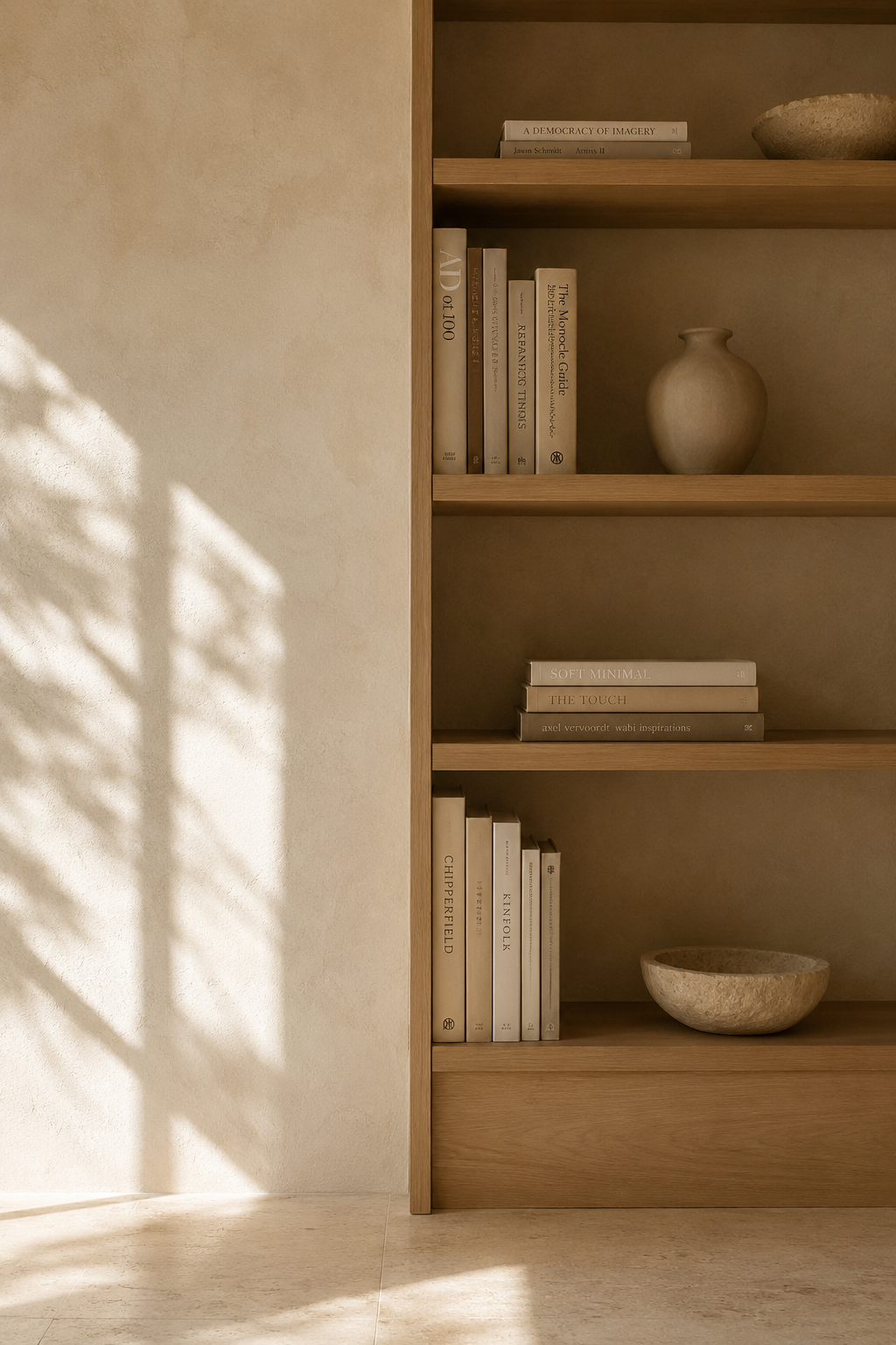 Oak bookshelf with a ceramic vase, stacked design books, and a stone bowl in soft afternoon light