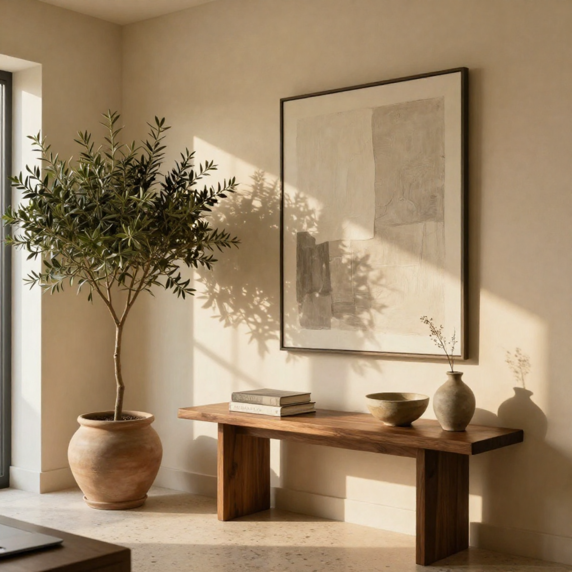 Sunlit entryway with a terracotta-potted olive tree, framed abstract artwork, and a wooden console table with a ceramic bowl and vase