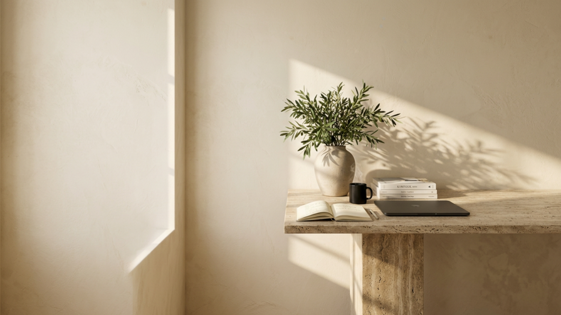 Travertine desk with a closed laptop, open notebook, matte black mug, stacked books, and an olive branch in a ceramic vase